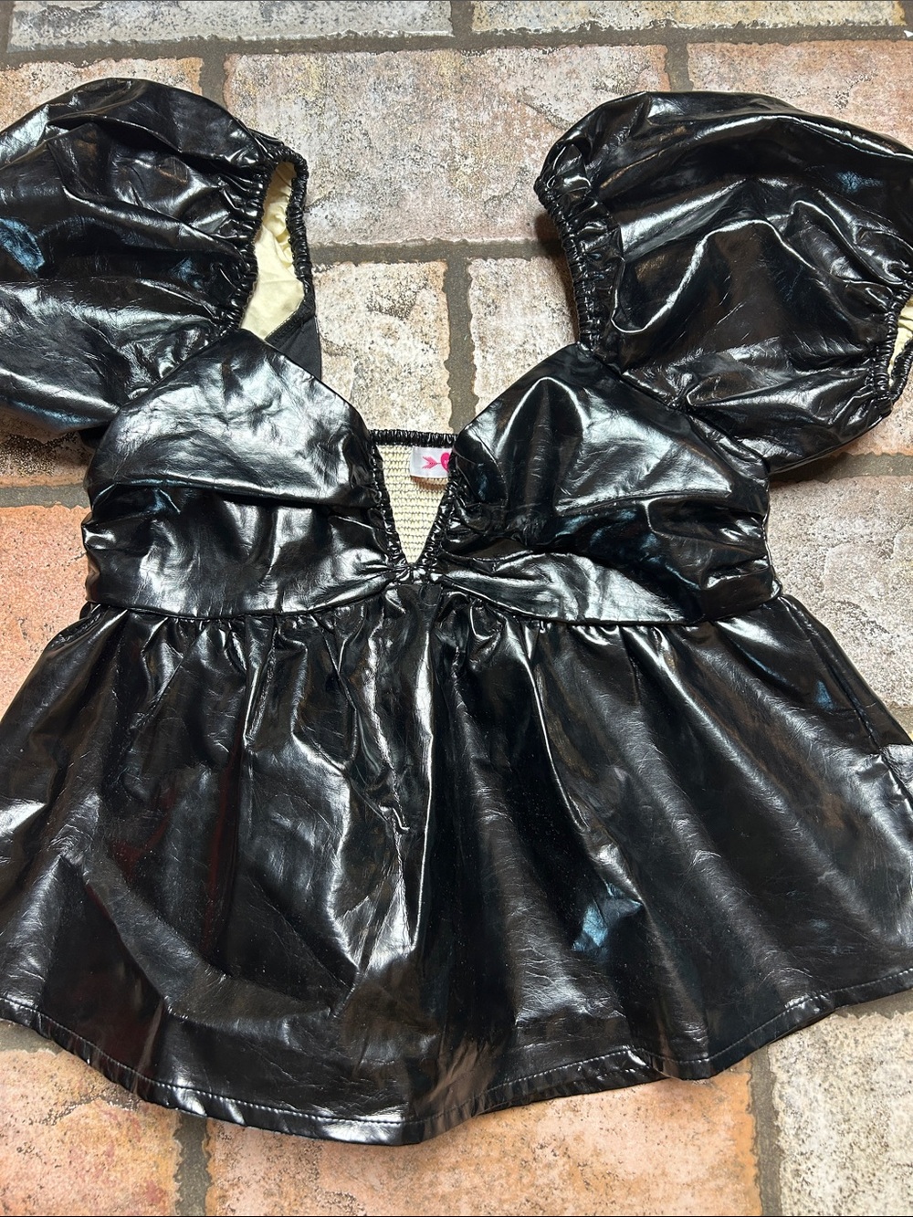 Buddy Love Shiny Black Puff-Sleeve Peplum Top